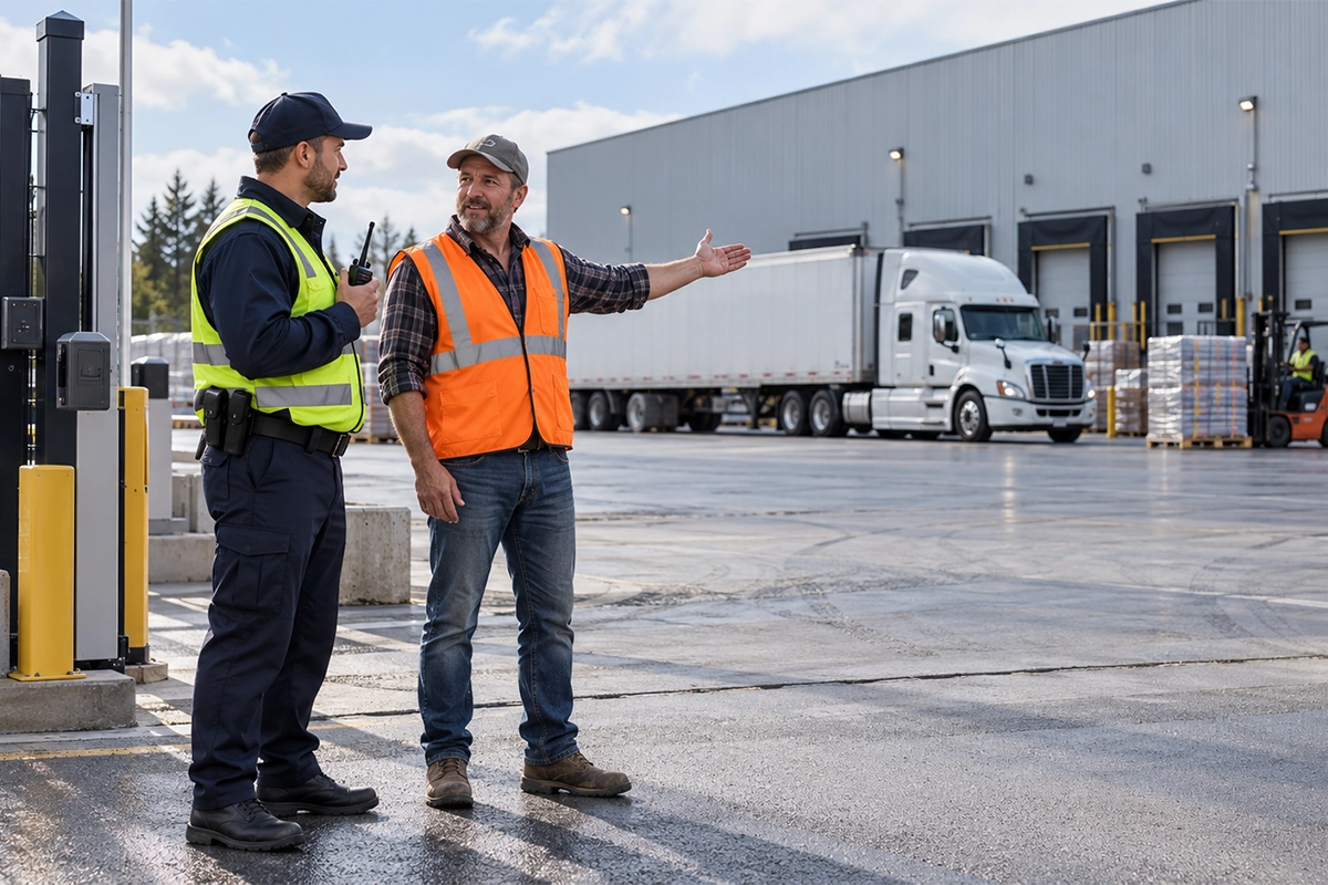 Security guard and logistics worker at a warehouse loading yard