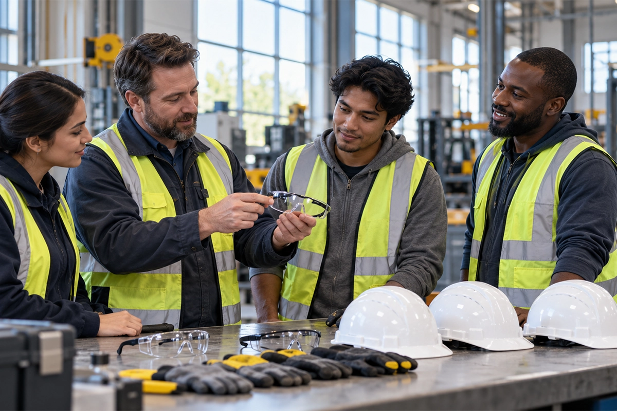 Workers in high-visibility vests and hard hats at a safety orientation
