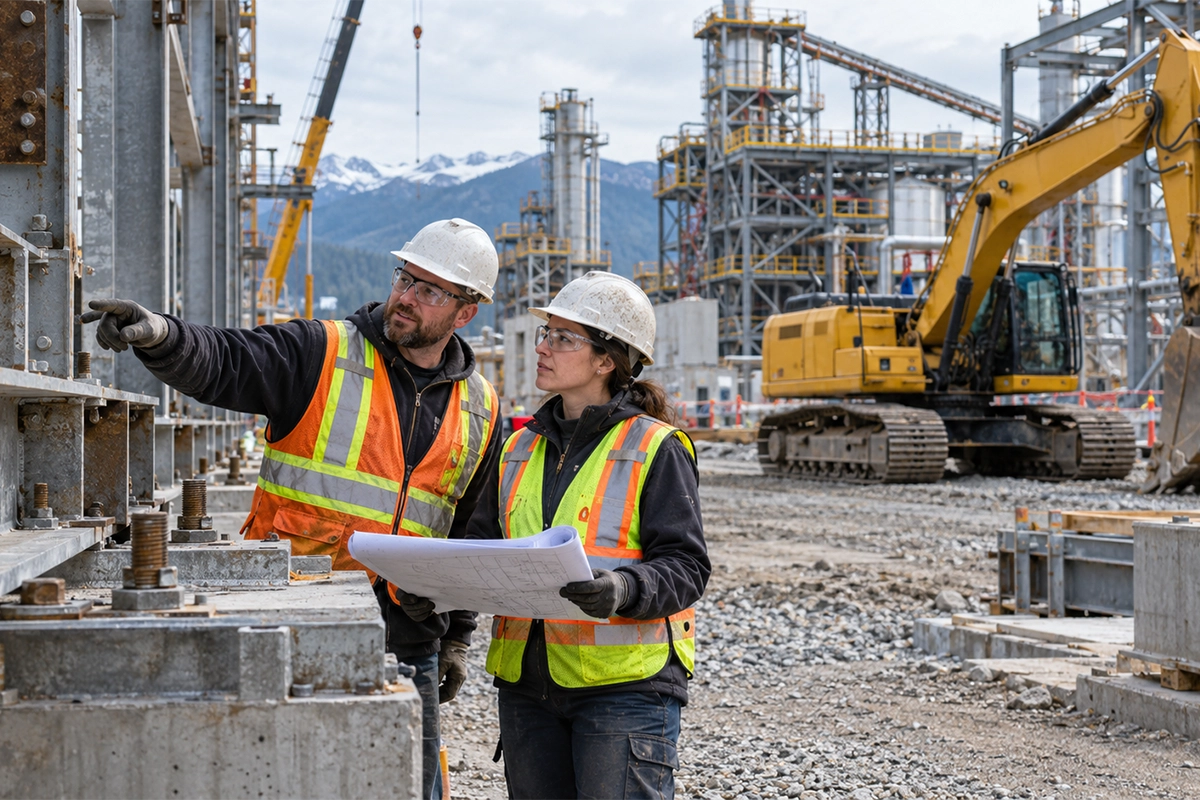 Skilled trades workers reviewing plans beside heavy equipment on a construction site
